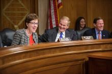 Sens. Collins, Nelson, and Blumenthal enjoy a light moment  during the hearing. 